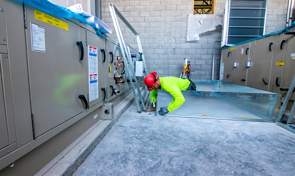 An HVAC technician with Central Plumbing & Heating performing an installation of a new commercial HVAC system.